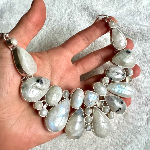 Jewelry - 925 GODDESS Rainbow Flash Moonstone Collar Bib Necklace Pendant